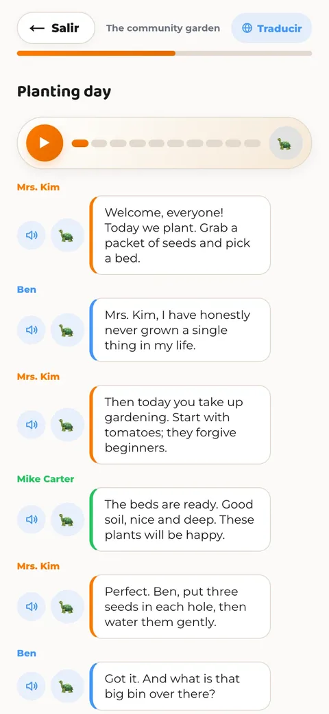 Una lección de la app con un diálogo en inglés, con audio en cada frase