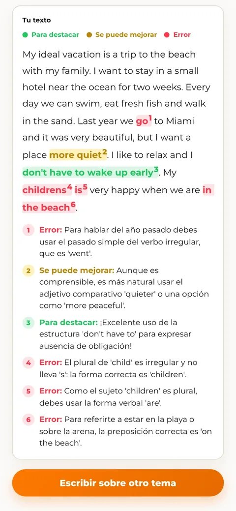 La IA corrige un texto escrito: marca los errores, explica cada uno y destaca lo que está bien